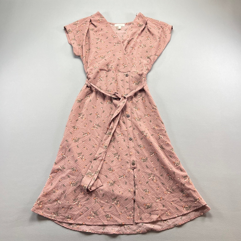 Monteau Los Angeles A Line Dress Womens Large Dusty Rose Floral Stretch Belted